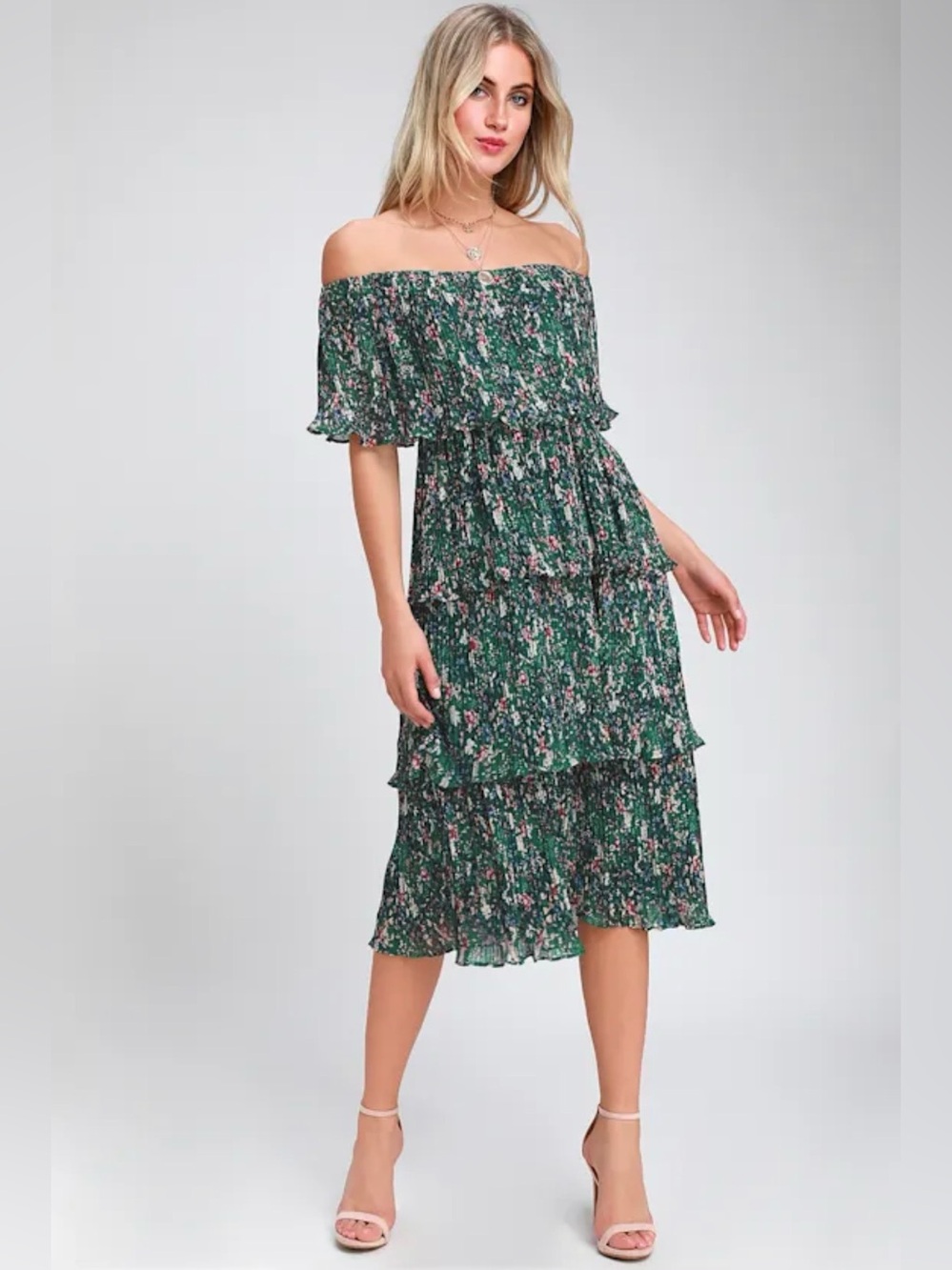Lulus Gala Ready Green Floral Off Shoulder Ruffle Tiered Midi Dress L